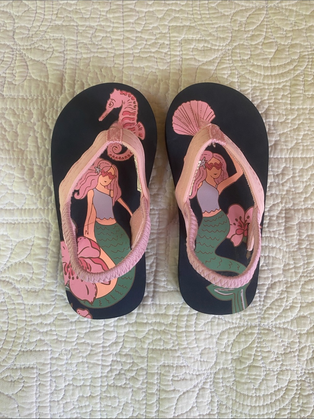 OshKosh B'gosh Navy Flip Flops with Pink Mermaid Print